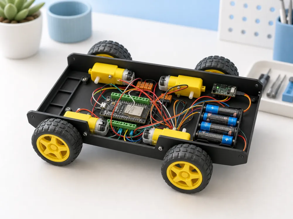ESP32 Modellauto mit sichtbarer Elektronik, Motoren, Verkabelung und Rädern