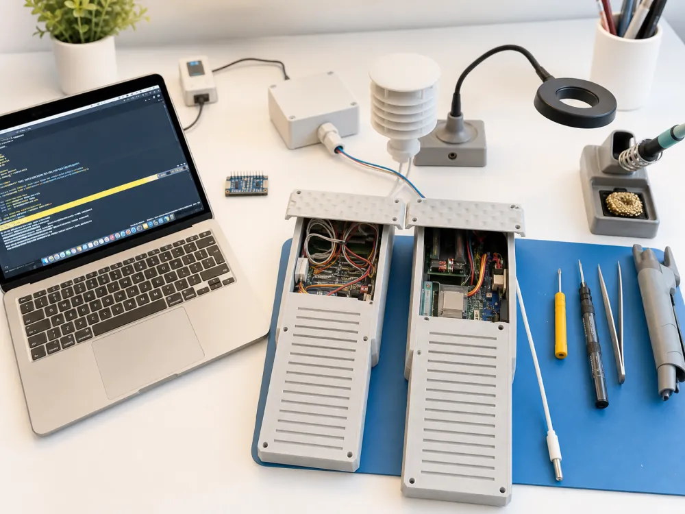 ESP32 Wetterstation im Bau mit Laptop, offenen Gehäusen, Elektronik und Werkzeugen