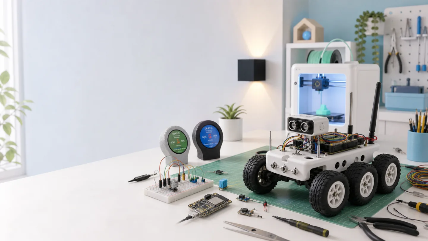 Helles Werkbankfoto mit ESP32-Projekten, 3D-Druck, Wetterdisplays, Cubelight und 6x6 Rover