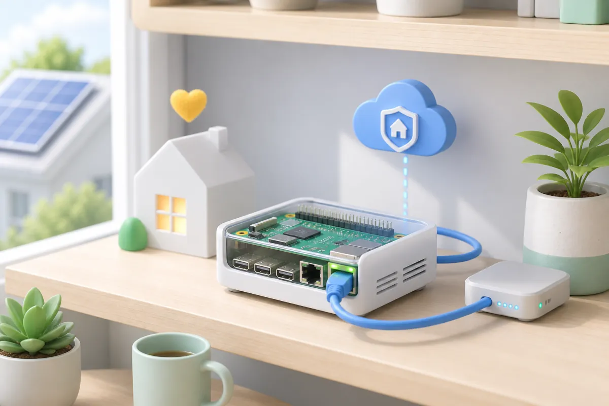 Helle 3D-Illustration eines selbst gehosteten Mini-Servers zuhause