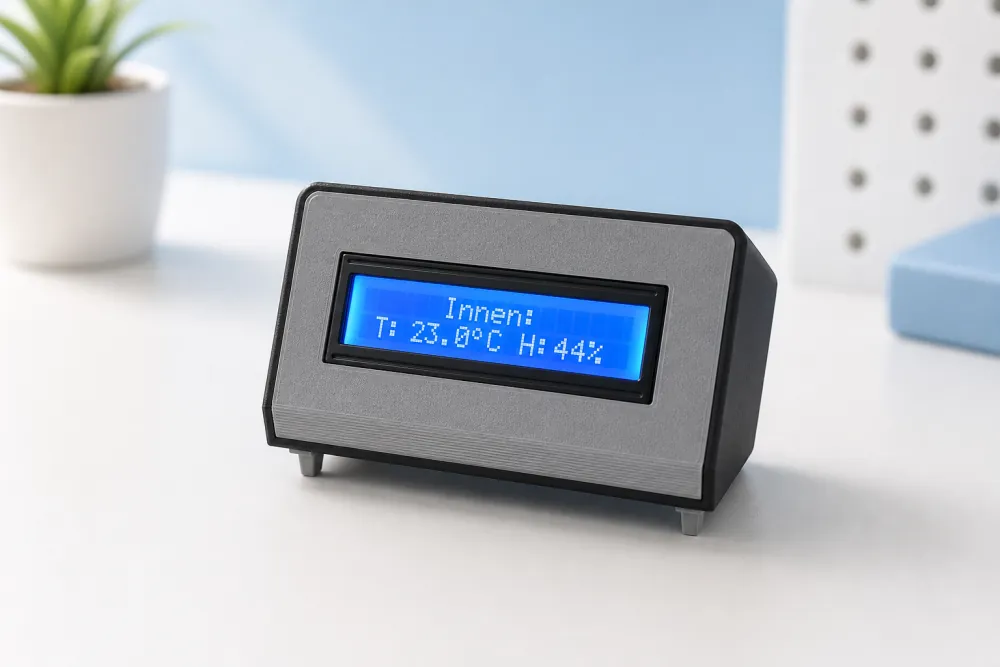 Kompaktes ESP32 Wetterdisplay mit blau leuchtendem 16x2-LCD in heller Produktaufnahme